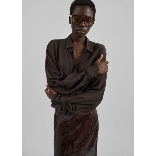 The Frankie Shop Verlin Sheer Chiffon Tie Cuff Shirt – Dark Brown, view 7