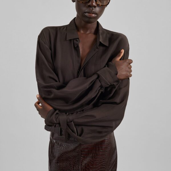 The Frankie Shop Verlin Sheer Chiffon Tie Cuff Shirt - Dark Brown - Oversized Minimalist Tops in Brown - Shop at Coveti
