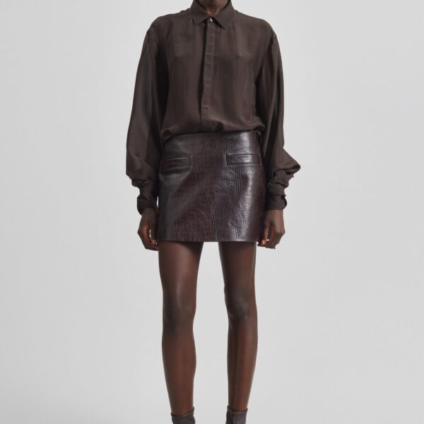 The Frankie Shop Verlin Sheer Chiffon Tie Cuff Shirt - Dark Brown - Oversized Minimalist Tops in Brown - Shop at Coveti