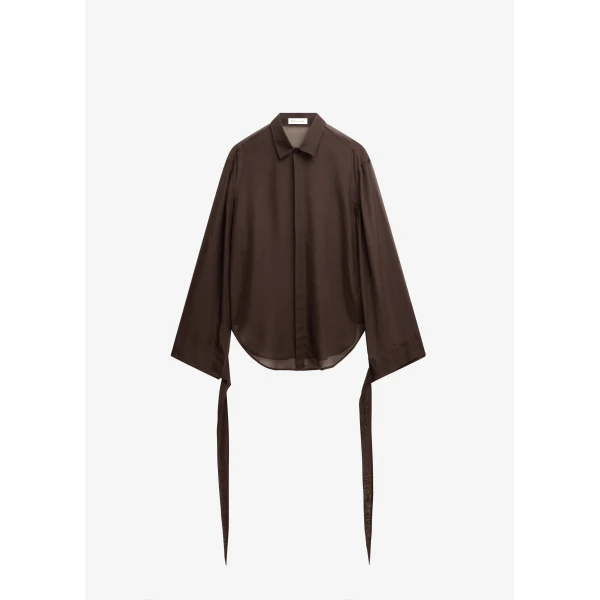 The Frankie Shop Verlin Sheer Chiffon Tie Cuff Shirt – Dark Brown, view 9
