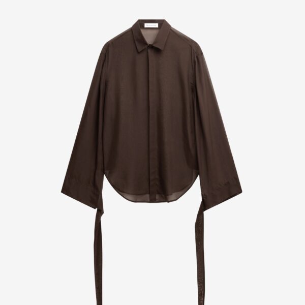 The Frankie Shop Verlin Sheer Chiffon Tie Cuff Shirt - Dark Brown - Oversized Minimalist Tops in Brown - Shop at Coveti