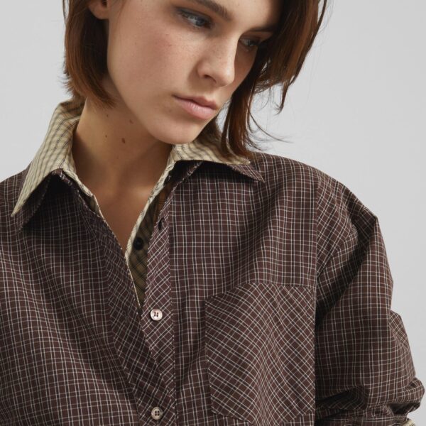 The Frankie Shop Vesta Cotton Shirt - Brown Plaid - Oversized Minimalist Tops in Brown - Shop at Coveti