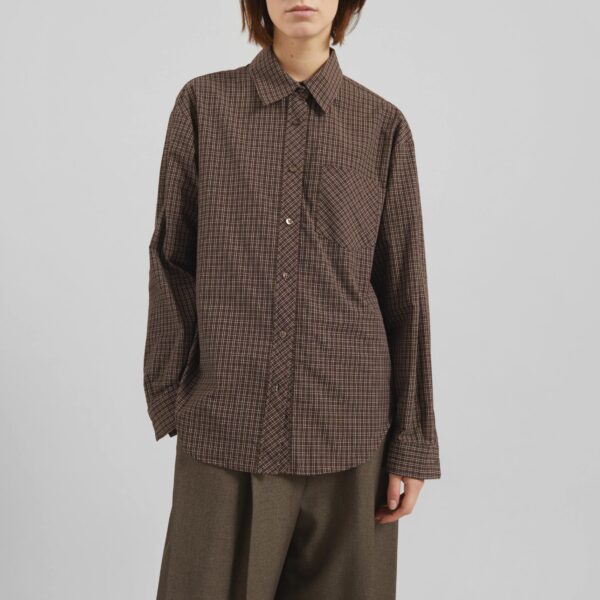 The Frankie Shop Vesta Cotton Shirt - Brown Plaid - Oversized Minimalist Tops in Brown - Shop at Coveti