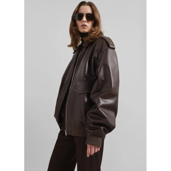 The Frankie Shop Viper Leather Jacket – Brown, view 2