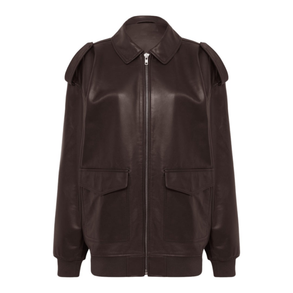 The Frankie Shop Viper Leather Jacket - Brown - Oversized Minimalist Jackets in Brown - Shop at Coveti