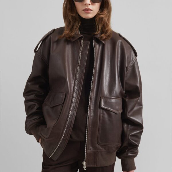 The Frankie Shop Viper Leather Jacket - Brown - Oversized Minimalist Jackets in Brown - Shop at Coveti