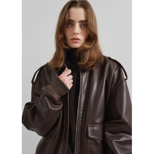 The Frankie Shop Viper Leather Jacket – Brown, view 6