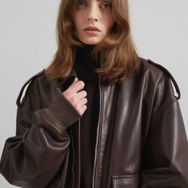 The Frankie Shop Viper Leather Jacket - Brown - Oversized Minimalist Jackets in Brown - Shop at Coveti