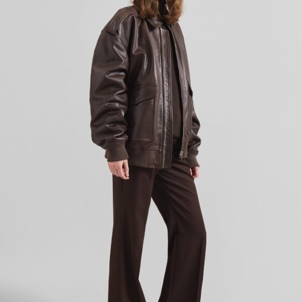 The Frankie Shop Viper Leather Jacket - Brown - Oversized Minimalist Jackets in Brown - Shop at Coveti