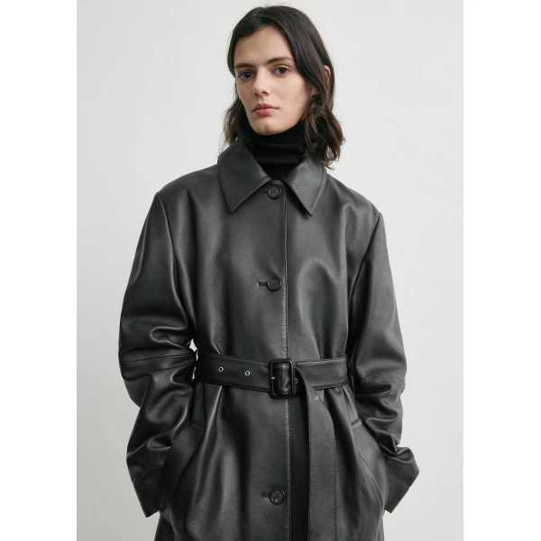 Belted leather coat black - Image 5