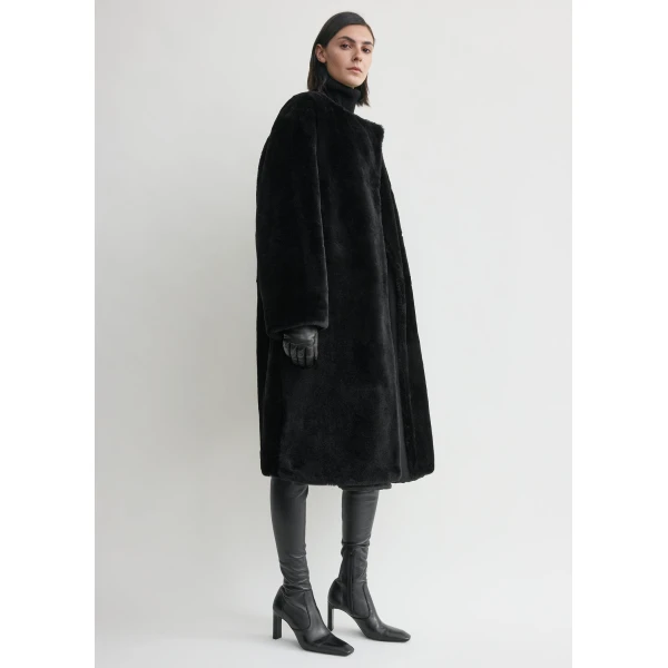 Collarless shearling coat black - Image 3