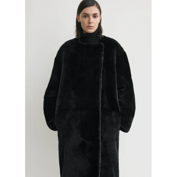 Collarless shearling coat black - Image 5