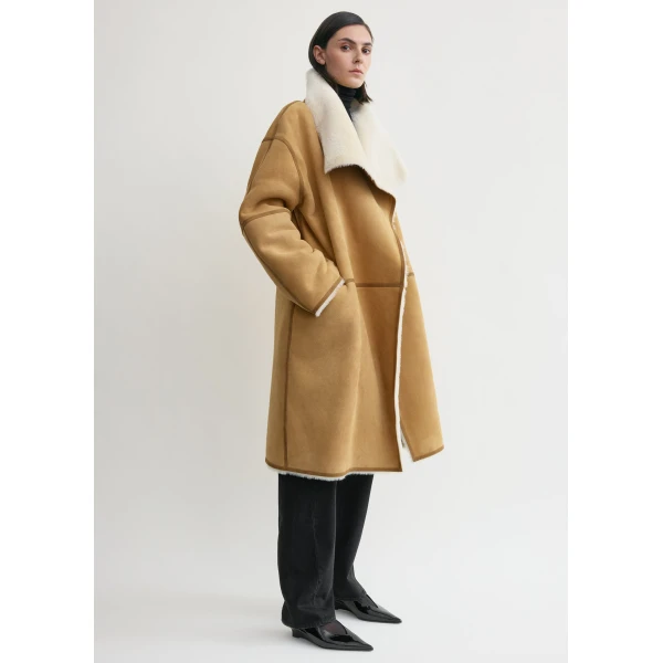 Draped shearling coat tan - Image 3