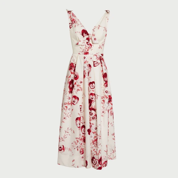 Giambattista Valli V-Neck Midi Ruby Pansies Poplin Dress - Giambattista Valli Dresses - Romantic Couture - Shop at Coveti