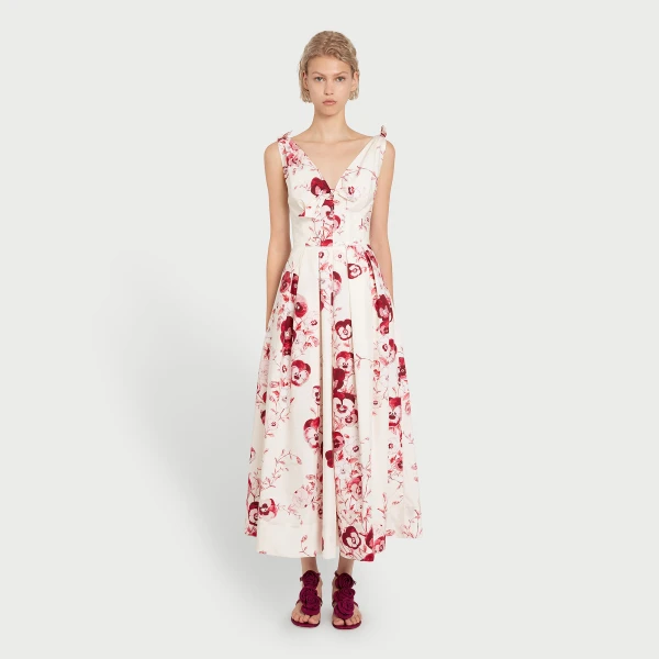 Giambattista Valli V-Neck Midi Ruby Pansies Poplin Dress - Giambattista Valli Dresses - Romantic Couture - Shop at Coveti