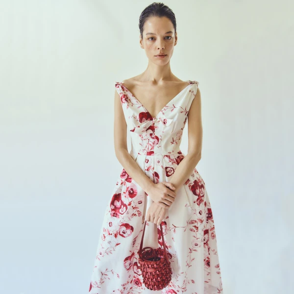Giambattista Valli V-Neck Midi Ruby Pansies Poplin Dress - Giambattista Valli Dresses - Romantic Couture - Shop at Coveti