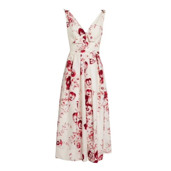 Giambattista Valli V-Neck Midi Ruby Pansies Poplin Dress - Giambattista Valli Dresses - Romantic Couture - Shop at Coveti