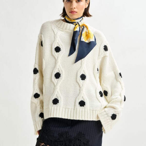 Essentiel Antwerp White and black polka-dot cable-knit sweater - Essentiel Antwerp Knitwear - Colorful Belgian Design - Shop at Coveti