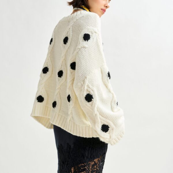 Essentiel Antwerp White and black polka-dot cable-knit sweater - Essentiel Antwerp Knitwear - Colorful Belgian Design - Shop at Coveti