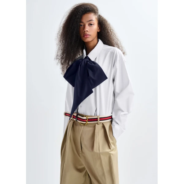 Essentiel Antwerp White and navy cotton shirt with removable bow tie, view 2