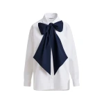 Essentiel Antwerp White and navy cotton shirt with removable bow tie - Essentiel Antwerp Shirts - Colorful Belgian Design - Shop at Coveti