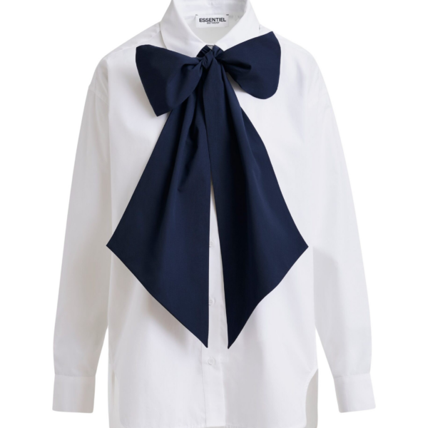 Essentiel Antwerp White and navy cotton shirt with removable bow tie - Essentiel Antwerp Shirts - Colorful Belgian Design - Shop at Coveti