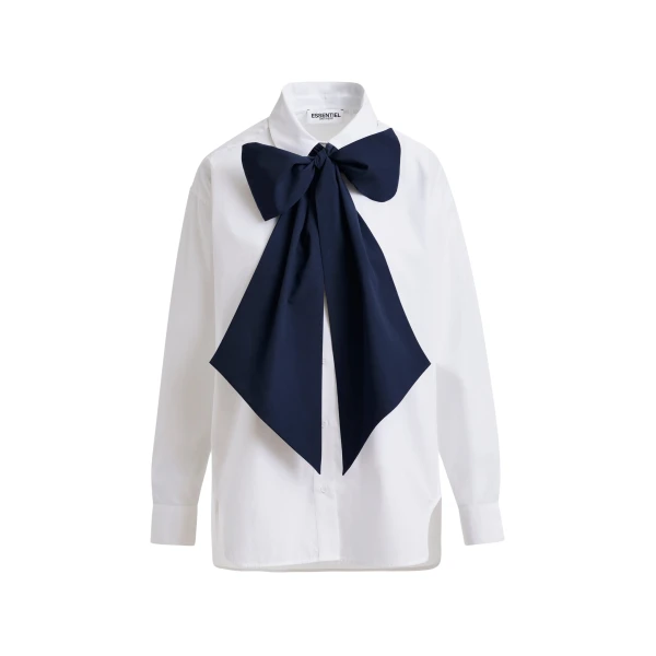 Essentiel Antwerp White and navy cotton shirt with removable bow tie - Essentiel Antwerp Shirts - Colorful Belgian Design - Shop at Coveti