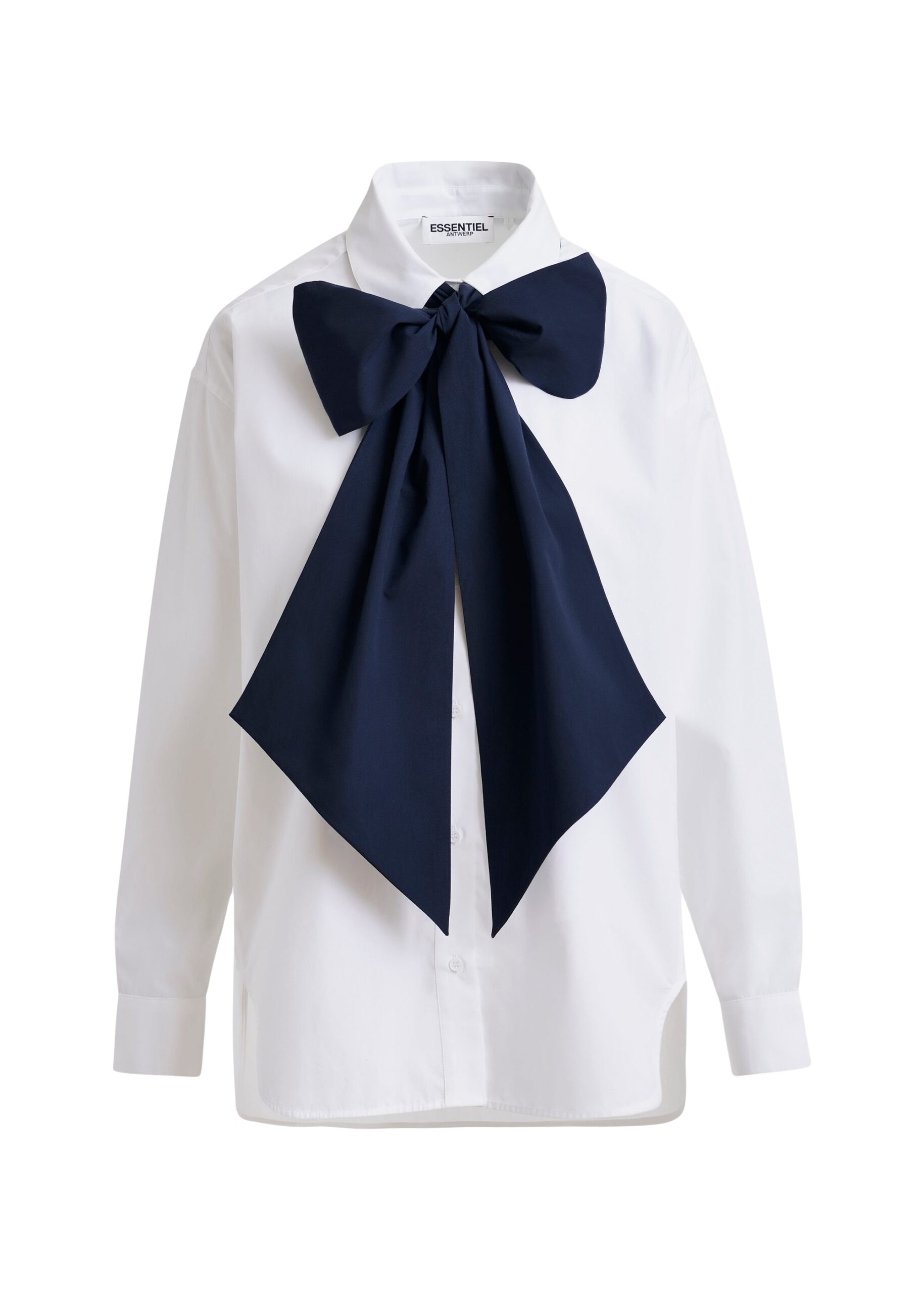 Essentiel Antwerp White and navy cotton shirt with removable bow tie - Essentiel Antwerp Shirts - Colorful Belgian Design - Shop at Coveti