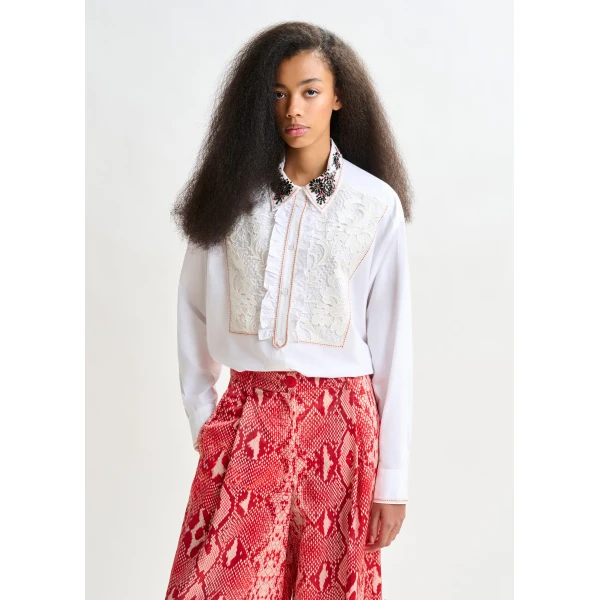 Essentiel Antwerp White, beige and red embroidered lace-panel cotton shirt, view 2
