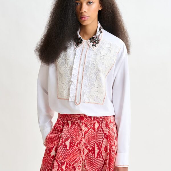 beige and red embroidered lace-panel cotton shirt - Essentiel Antwerp Shirts - Colorful Belgian Design - Shop at Coveti
