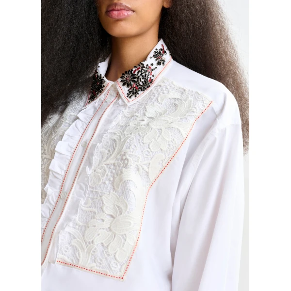 Essentiel Antwerp White, beige and red embroidered lace-panel cotton shirt, view 3