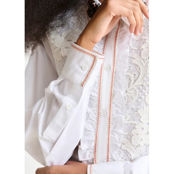 Essentiel Antwerp White, beige and red embroidered lace-panel cotton shirt, view 5