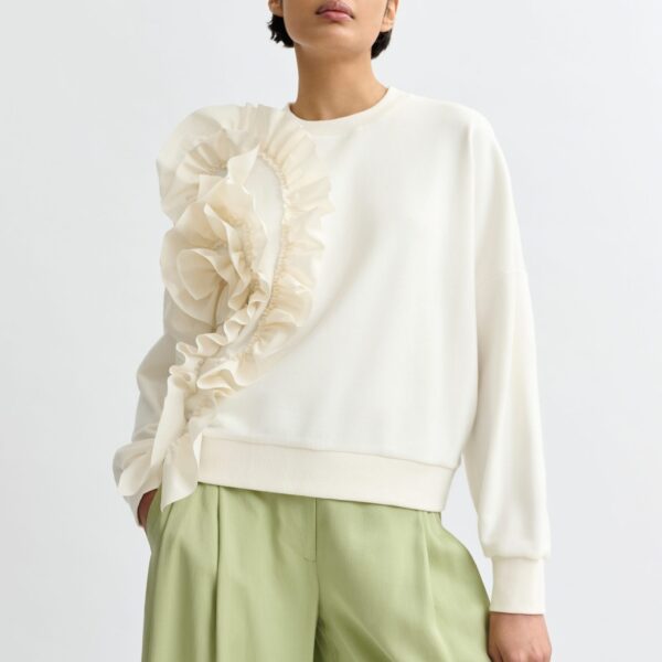 Essentiel Antwerp White cotton-blend sweatshirt with ruffle details - Essentiel Antwerp Shirts - Colorful Belgian Design - Shop at Coveti