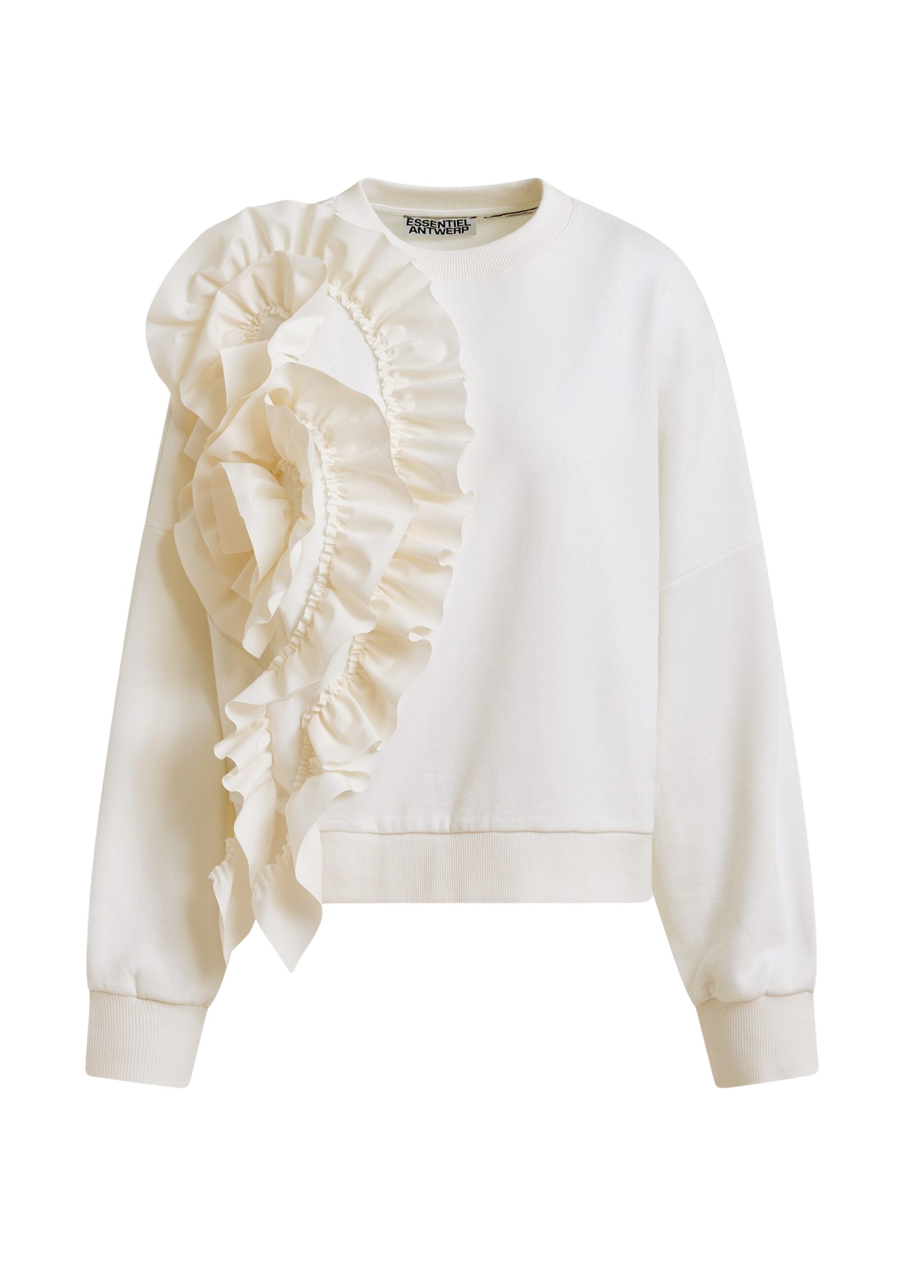 Essentiel Antwerp White cotton-blend sweatshirt with ruffle details - Essentiel Antwerp Shirts - Colorful Belgian Design - Shop at Coveti