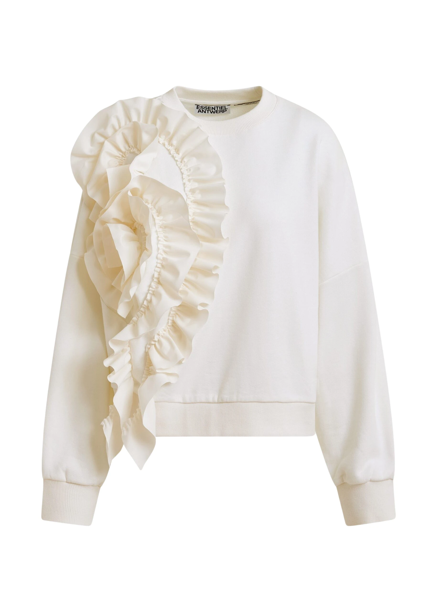 White-cotton-blend-sweatshirt-with-ruffle-details-Essentiel-Antwerp-Shirts-scaled15951_nobg Essentiel Antwerp White cotton-blend sweatshirt with ruffle details - Essentiel Antwerp Shirts - Colorful Belgian Design - Shop at Coveti