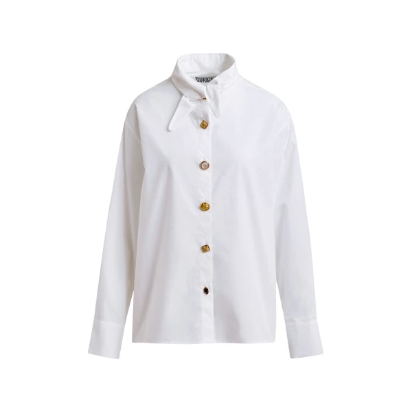 Essentiel Antwerp White cotton shirt with elongated collar and mismatched buttons - Essentiel Antwerp Shirts - Colorful Belgian Design - Shop at Coveti