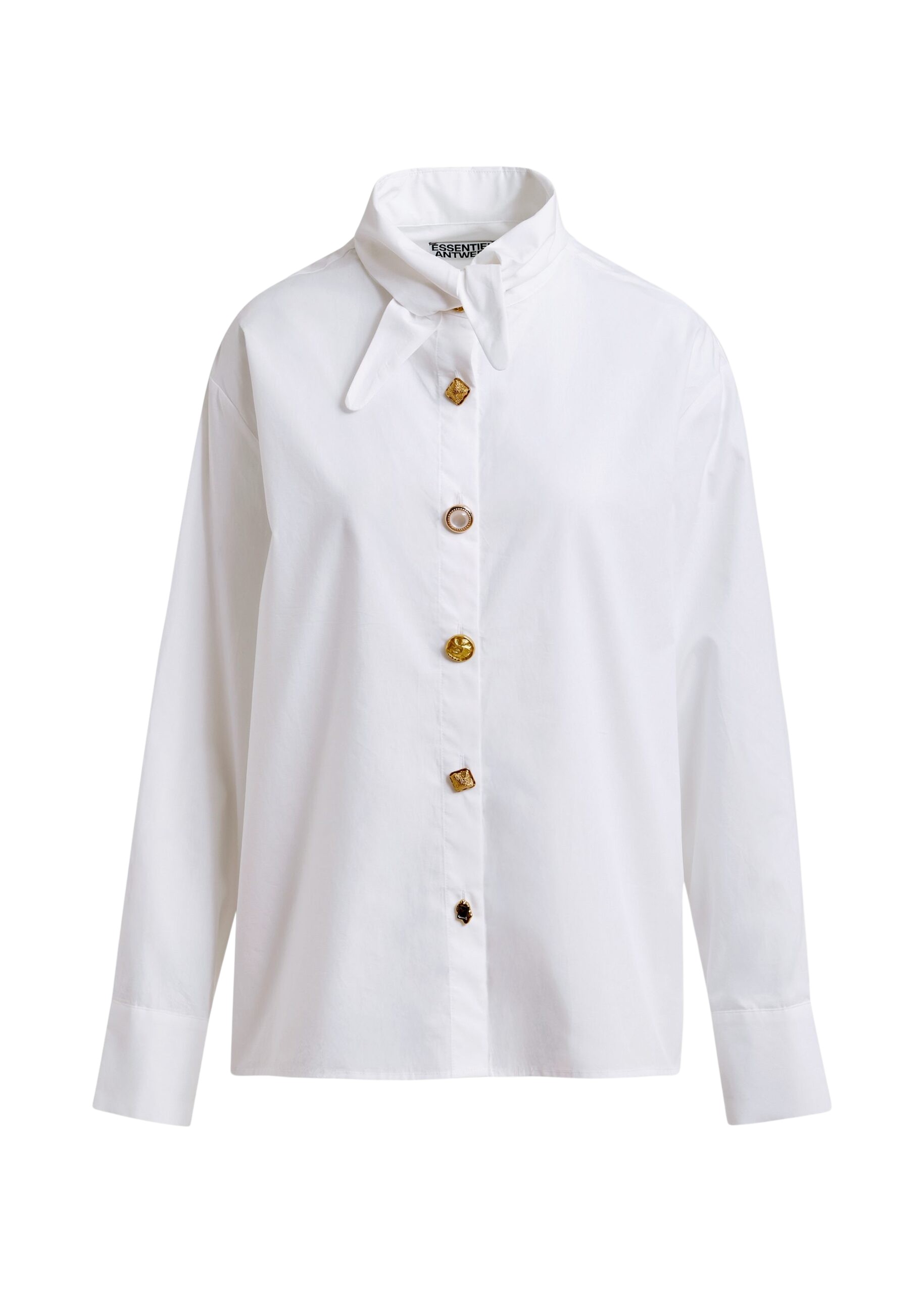Essentiel Antwerp White cotton shirt with elongated collar and mismatched buttons - Essentiel Antwerp Shirts - Colorful Belgian Design - Shop at Coveti
