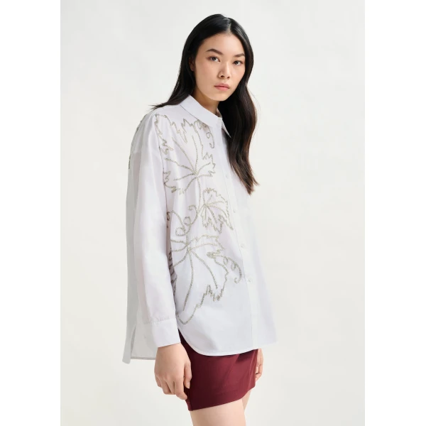 Essentiel Antwerp White oversized cotton shirt with bead embellished embroideries, view 2