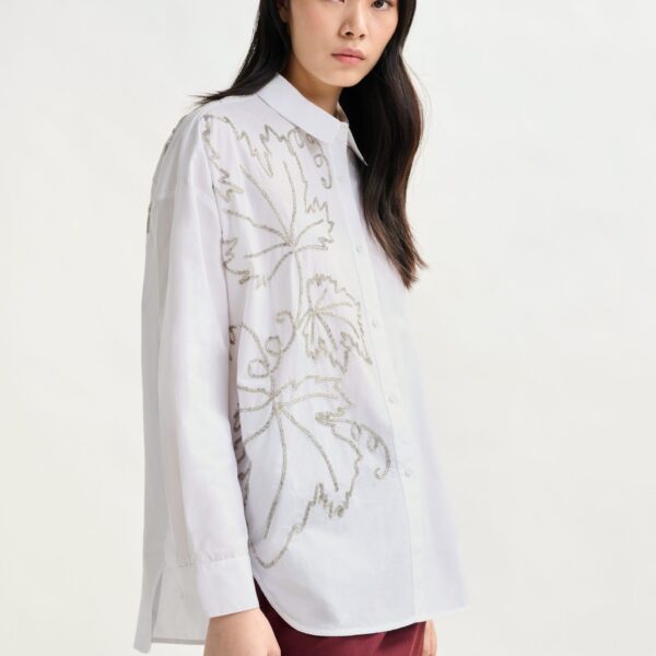 Essentiel Antwerp White oversized cotton shirt with bead embellished embroideries - Essentiel Antwerp Shirts - Colorful Belgian Design - Shop at Coveti
