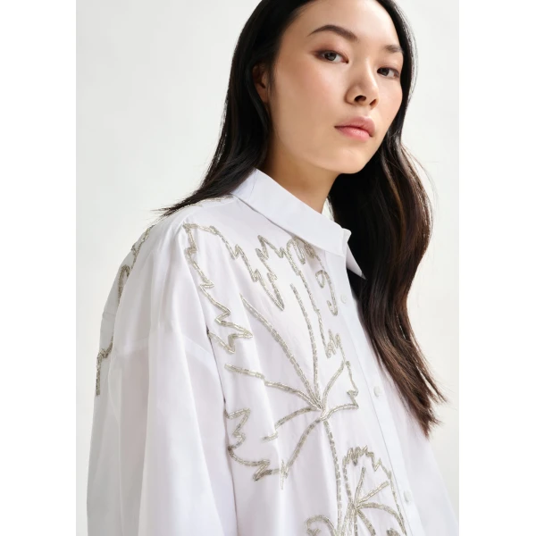 Essentiel Antwerp White oversized cotton shirt with bead embellished embroideries, view 3