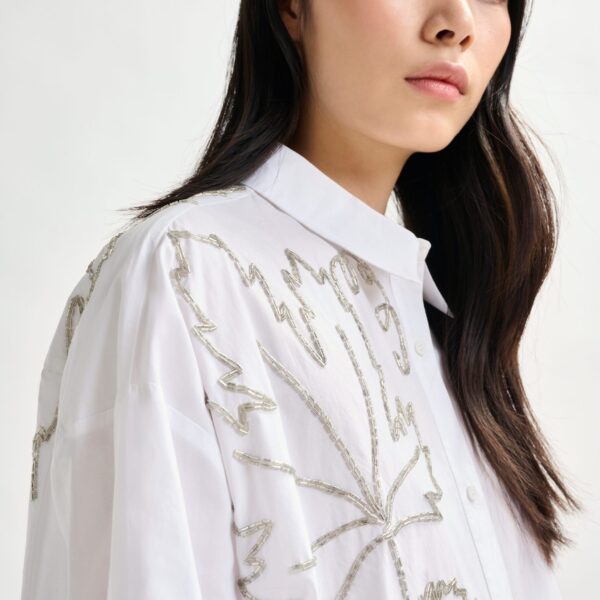 Essentiel Antwerp White oversized cotton shirt with bead embellished embroideries - Essentiel Antwerp Shirts - Colorful Belgian Design - Shop at Coveti