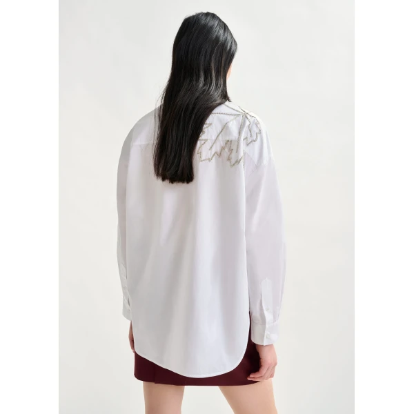 Essentiel Antwerp White oversized cotton shirt with bead embellished embroideries, view 4