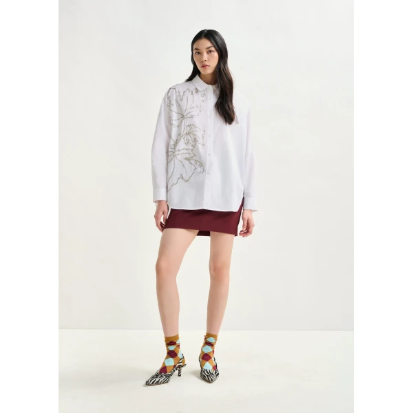 Essentiel Antwerp White oversized cotton shirt with bead embellished embroideries, view 5