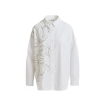 Essentiel Antwerp White oversized cotton shirt with bead embellished embroideries - Essentiel Antwerp Shirts - Colorful Belgian Design - Shop at Coveti
