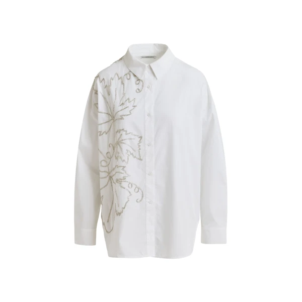 Essentiel Antwerp White oversized cotton shirt with bead embellished embroideries - Essentiel Antwerp Shirts - Colorful Belgian Design - Shop at Coveti