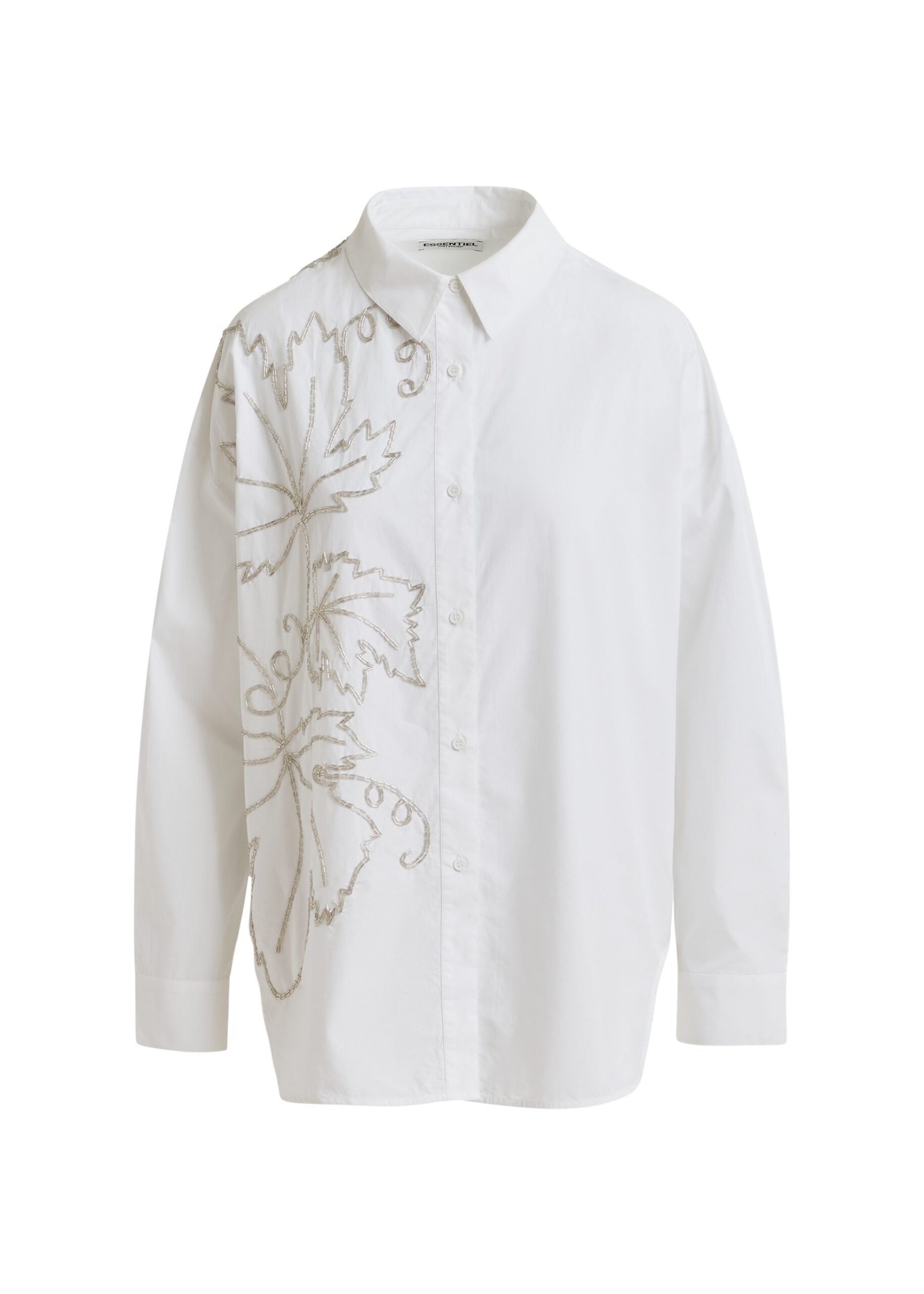 Essentiel Antwerp White oversized cotton shirt with bead embellished embroideries - Essentiel Antwerp Shirts - Colorful Belgian Design - Shop at Coveti