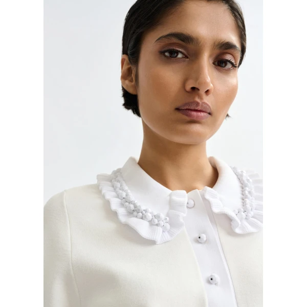 Essentiel Antwerp White ruffle fine-knit polo top with bead embellishments, view 3