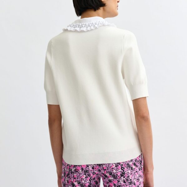Essentiel Antwerp White ruffle fine-knit polo top with bead embellishments - Essentiel Antwerp Tops - Colorful Belgian Design - Shop at Coveti