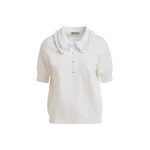 Essentiel Antwerp White ruffle fine-knit polo top with bead embellishments - Essentiel Antwerp Tops - Colorful Belgian Design - Shop at Coveti