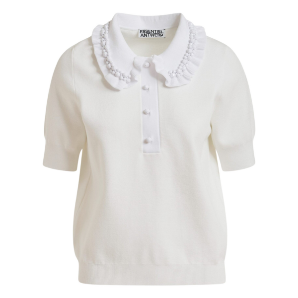 Essentiel Antwerp White ruffle fine-knit polo top with bead embellishments - Essentiel Antwerp Tops - Colorful Belgian Design - Shop at Coveti
